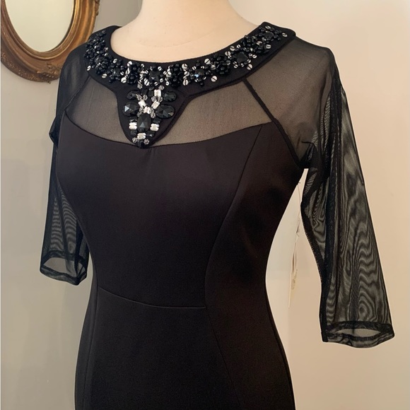 Black Sheer Sleeve Jeweled Neckline Cocktail Dress Sz 8 Evening Mob Wife - Picture 10 of 14